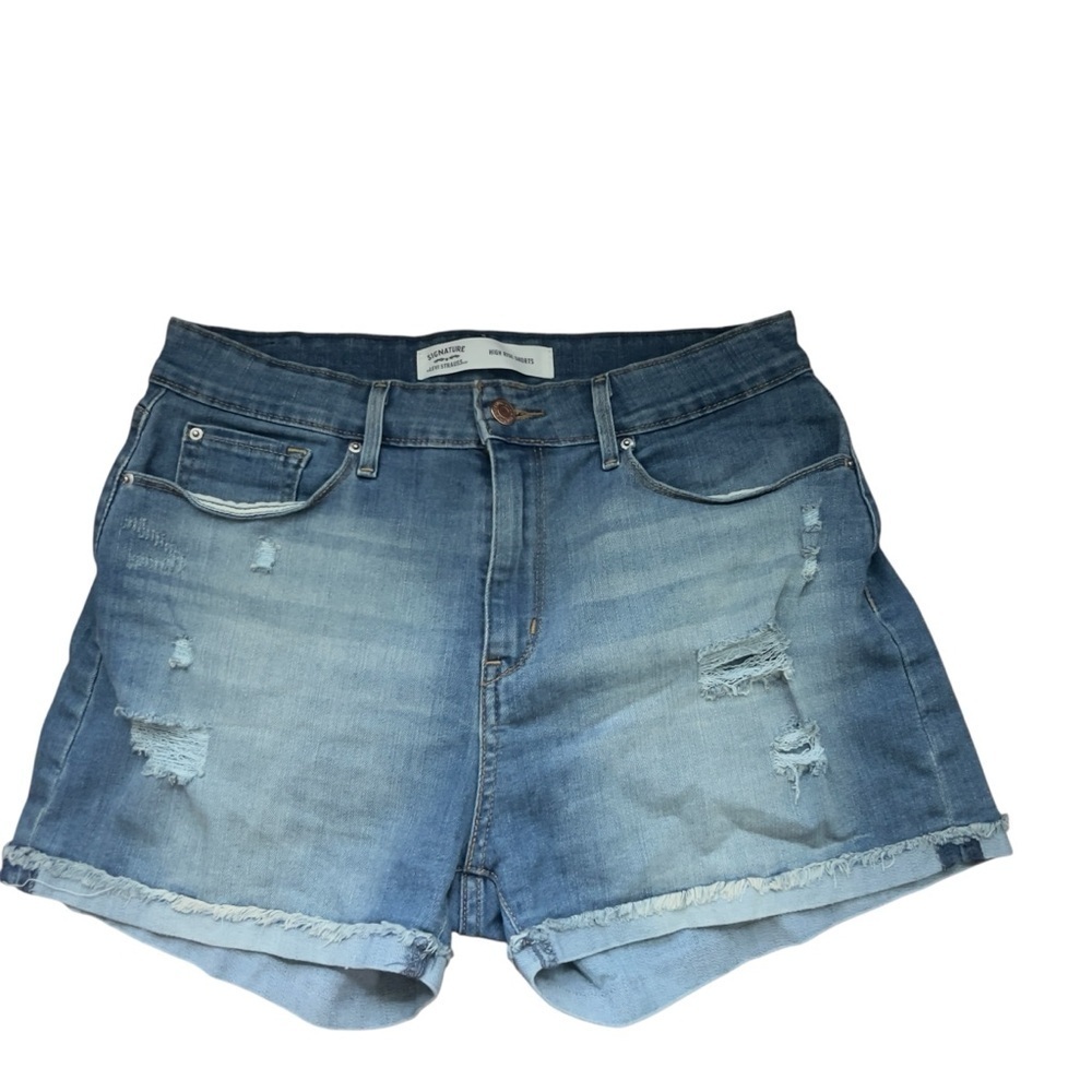 Levi Strauss Womenโs Sz 10 W30 High Waisted Medium Blue Distressed Jean Shorts